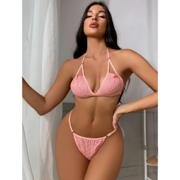 Other - Coral Pink 2 Piece Lingerie Intimates Matching Set  Floral Embroidery Cut Out
